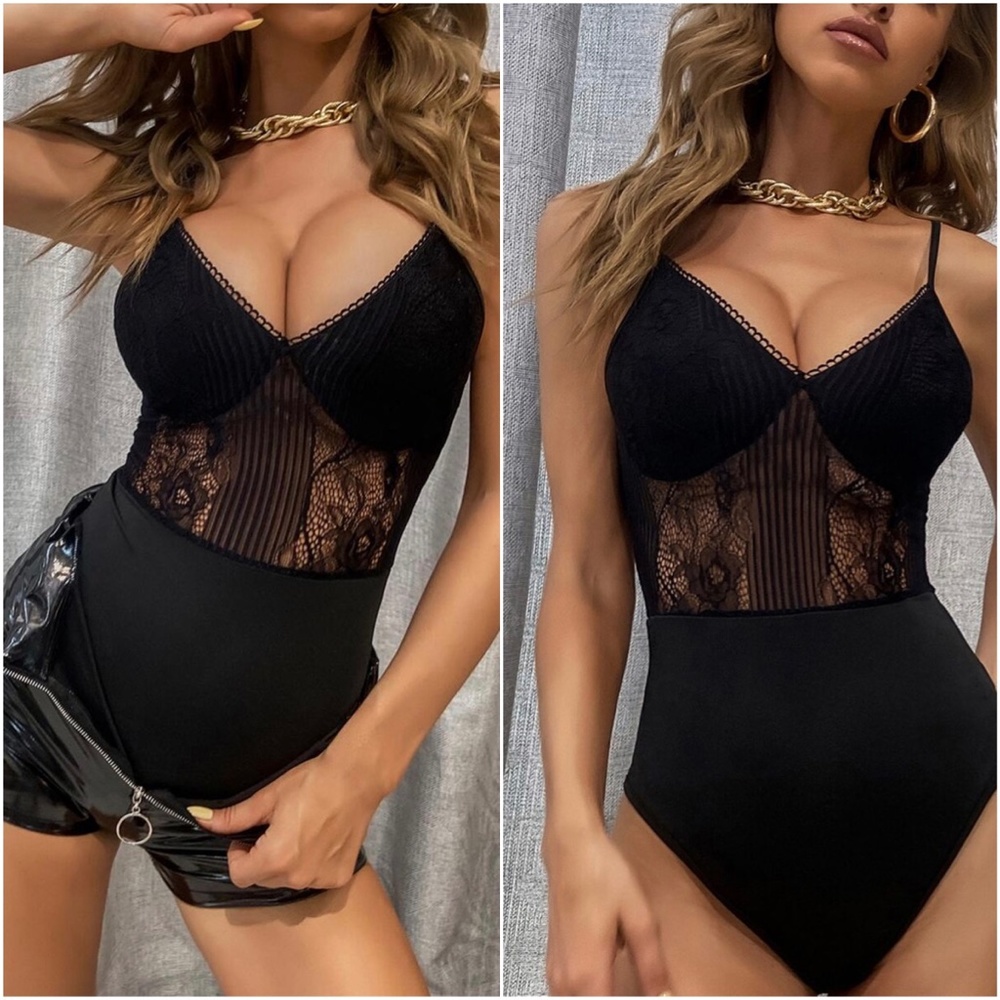 Blue Floral Mesh Lace Cami Bodysuit Sexy - Picture 4 of 7